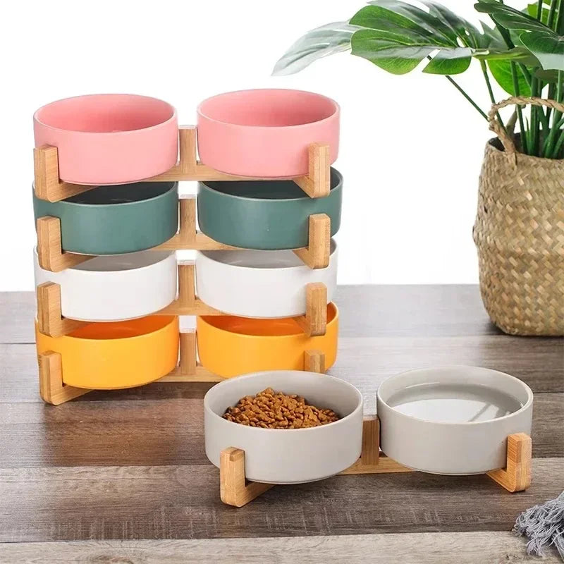 Ceramic Pet Bowl Dish With Wood Stand No - ProPawPet.com