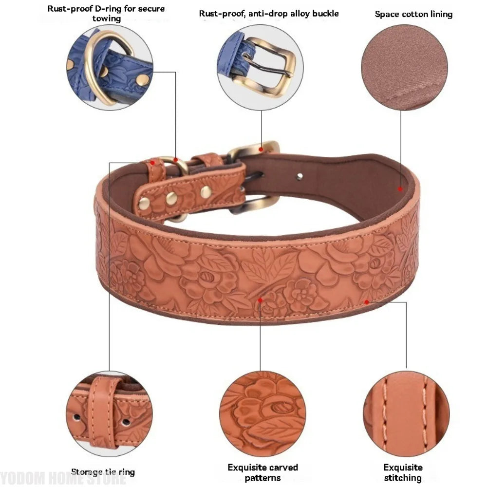Wide Padded Embossing Leather Dog Collar - ProPawPet.com