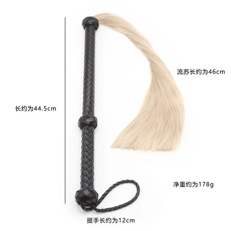 44.5cm Black Leather Woven Long Handle Silver Thread Tassels for Horses