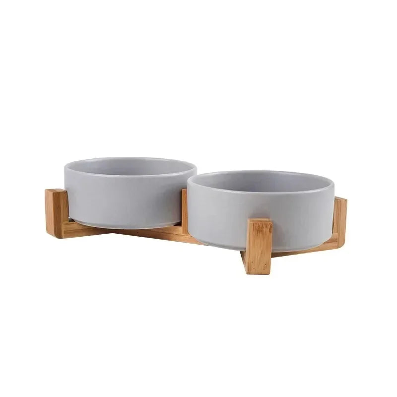 Ceramic Pet Bowl Dish with Wood Stand – 2 Sizes