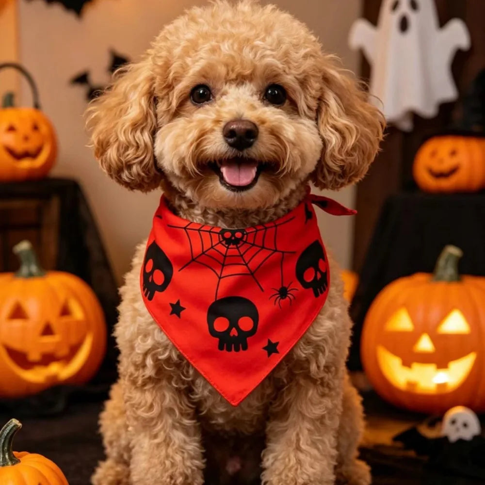 Soft Polyester Pet Halloween Bandana Pumpkin Ghost Print Spider Bat – 5 Colors