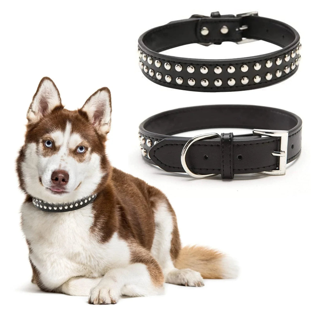 Adjustable Faux Leather Dog Collar, Studded Pet Collar