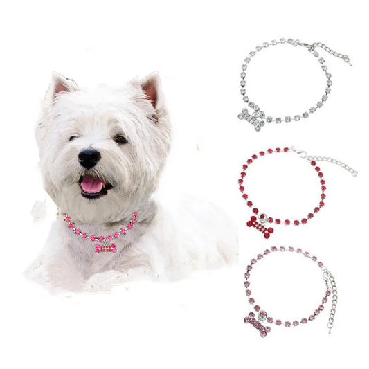 Rhinestone Single Row Pet Necklace Bone - ProPawPet.com