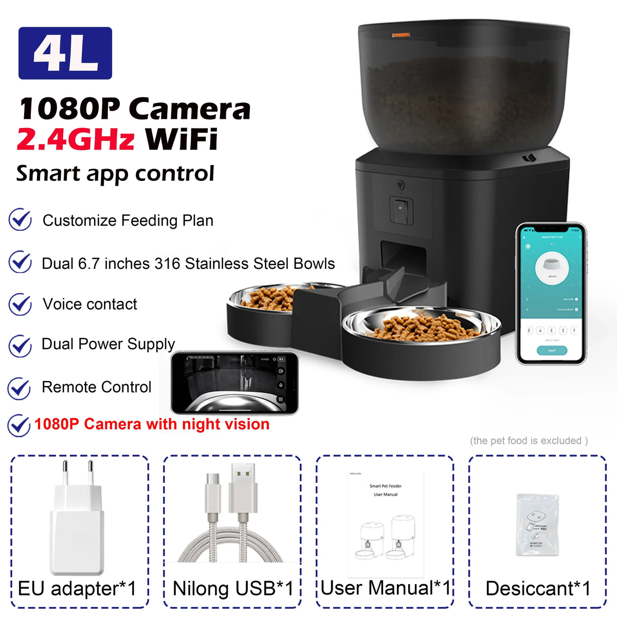 Automatic Cat Feeder with 1080p Camera Video Food Dispenser – 6 Colors
