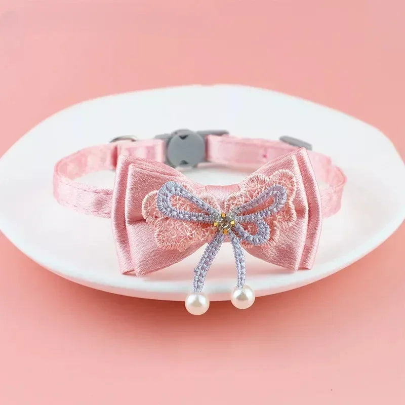 Cat Collar Pink Lace Bow Hanging Bead Choker Bell Dog – Cat Clothes & Costumes