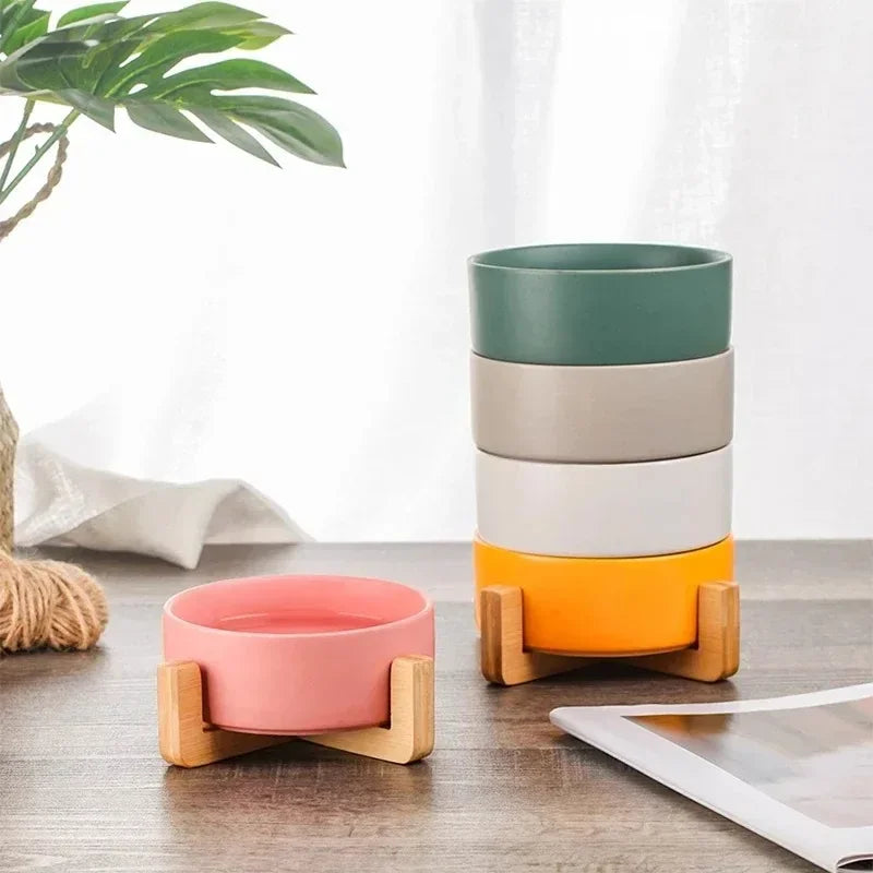 Ceramic Pet Bowl Dish With Wood Stand No - ProPawPet.com